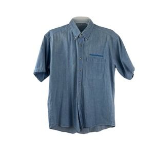 Men's Size XL Blue Denim Shirt Button Down Collared Short Sleeve Chevron Texaco